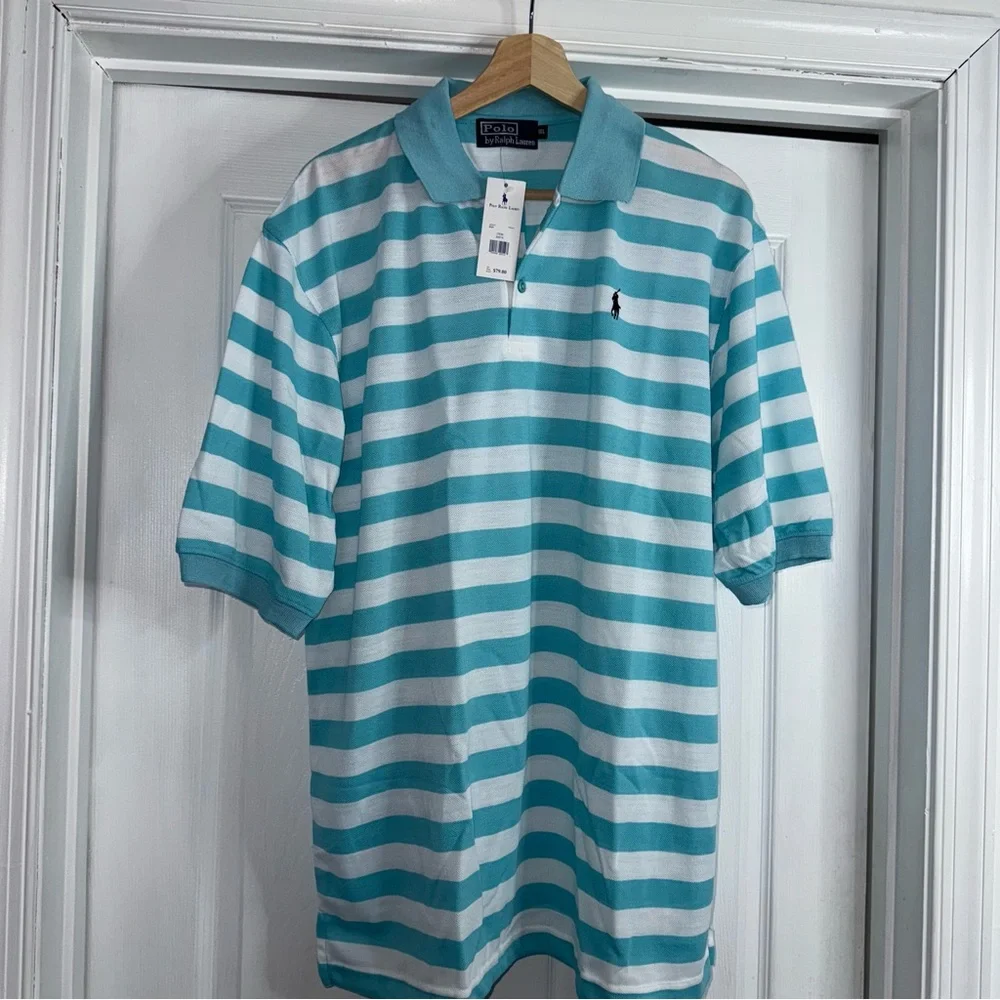 NWT Polo Ralph Lauren Polo Shirt Teal White Striped Pique Cotton XL Classic Fit